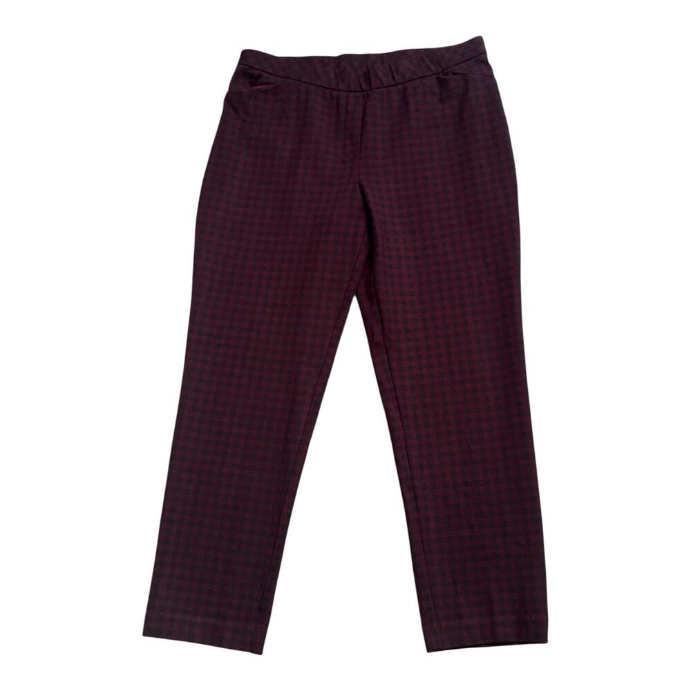 J Jill Ponte Slim Leg Pants Womens L Burgundy Black Check Pull On Stretch Career